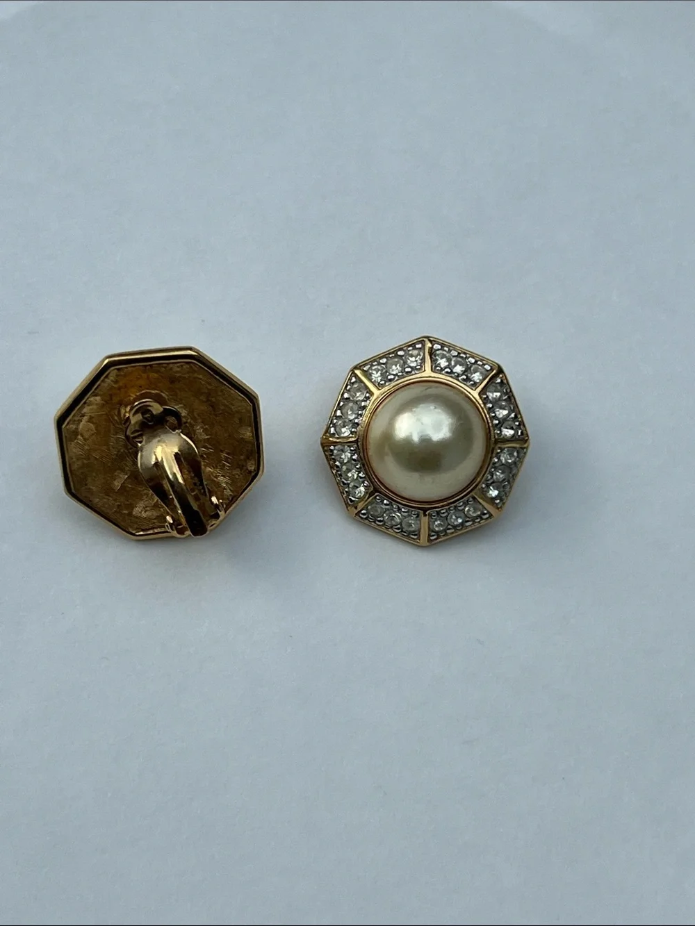 Gold Pearl & Crystal Octagon Clip On Earrings - Gold Tone Costume Jewelry